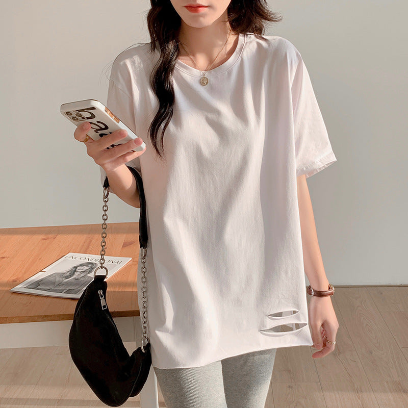 Pure cotton medium and long ripped loose short-sleeved t-shirt women's large size design sense half-sleeve belly cover t-shirt commuter style