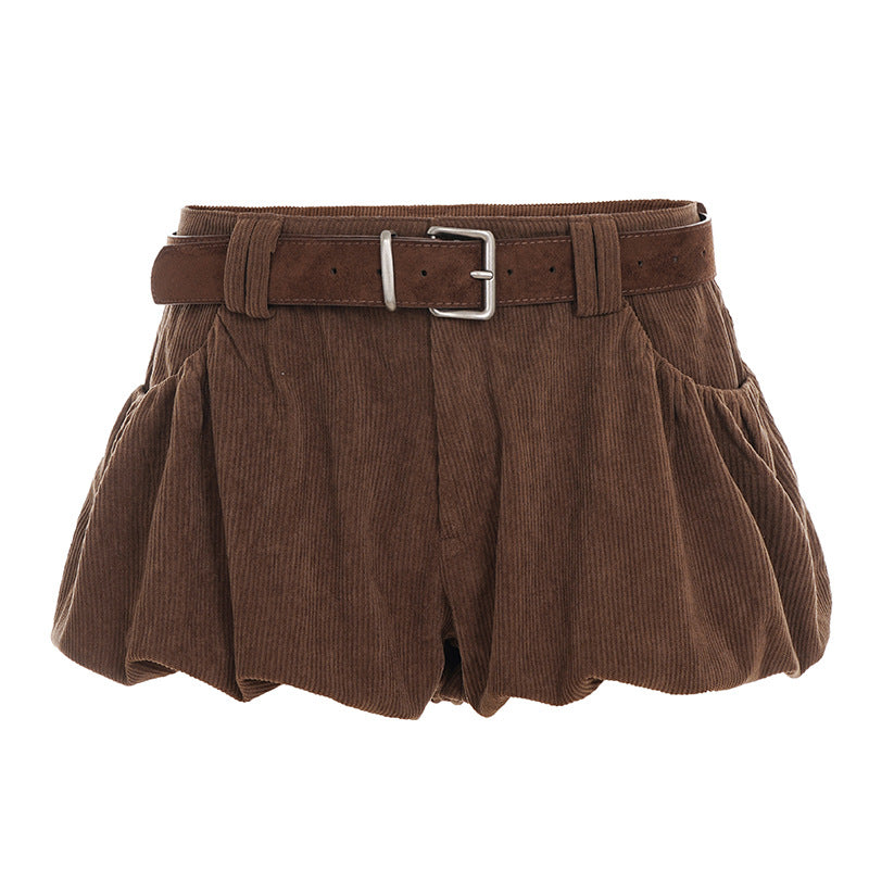 2025 autumn Korean style sweet and spicy new corduroy bud culottes low waist design suede belt accessories shorts