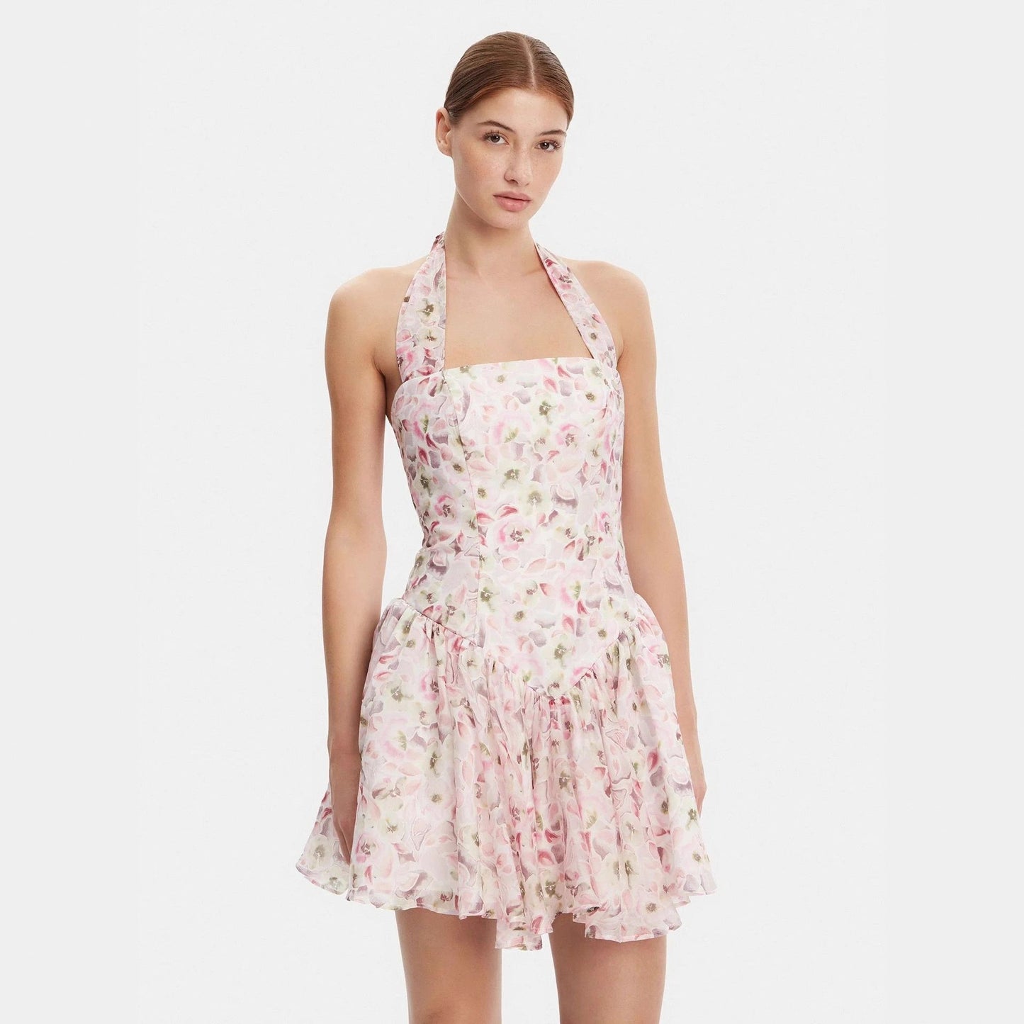 Cross-border European and American vacation beach wind sweet design sense neck summer floral fish bone waist dress women's short skirt