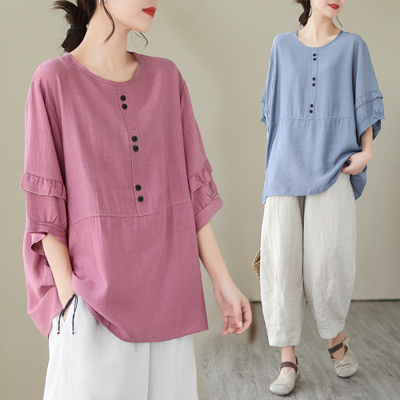 In the summer of 2024, the new cotton and linen loose large size simple casual solid color short-sleeved top T-shirt women's #8538