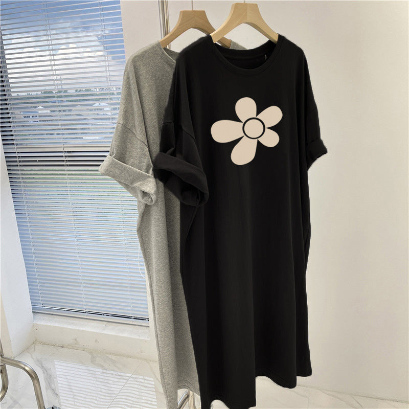 Dress women's summer 2025 new casual t-shirt skirt lazy wind fat m loose large size medium and long printed skirt women