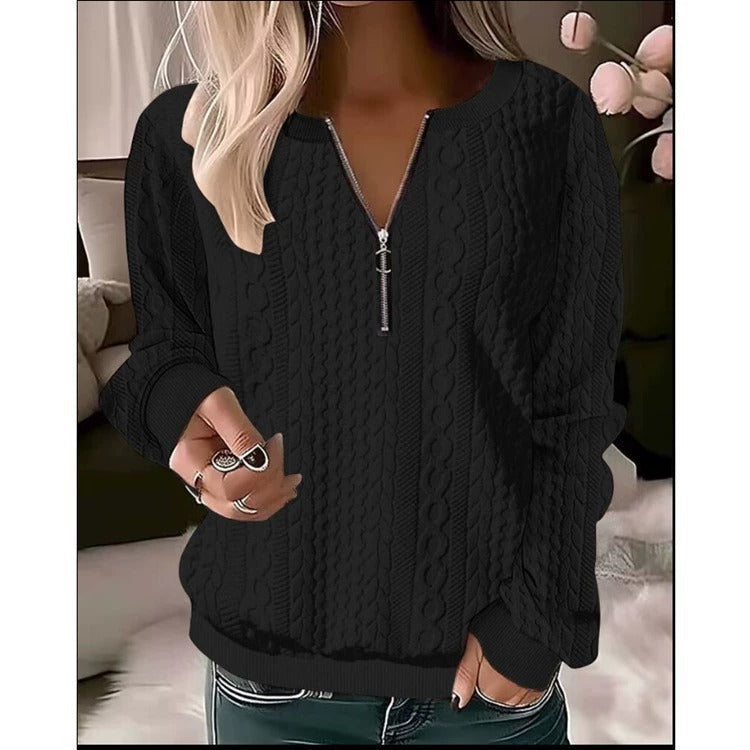 2025 European and American cross-border Amazon independent station autumn and winter new women's clothing long-sleeved solid color V-neck zipper T-shirt top