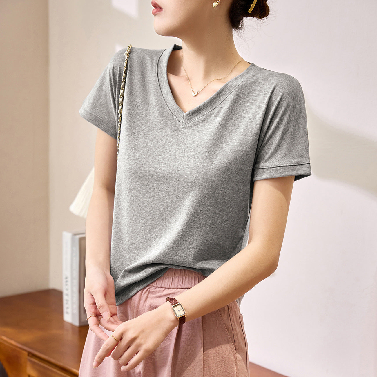 #Tencel lyocell cotton, Zhen quality #loose and thin white short-sleeved t-shirt women's summer new V-neck versatile top