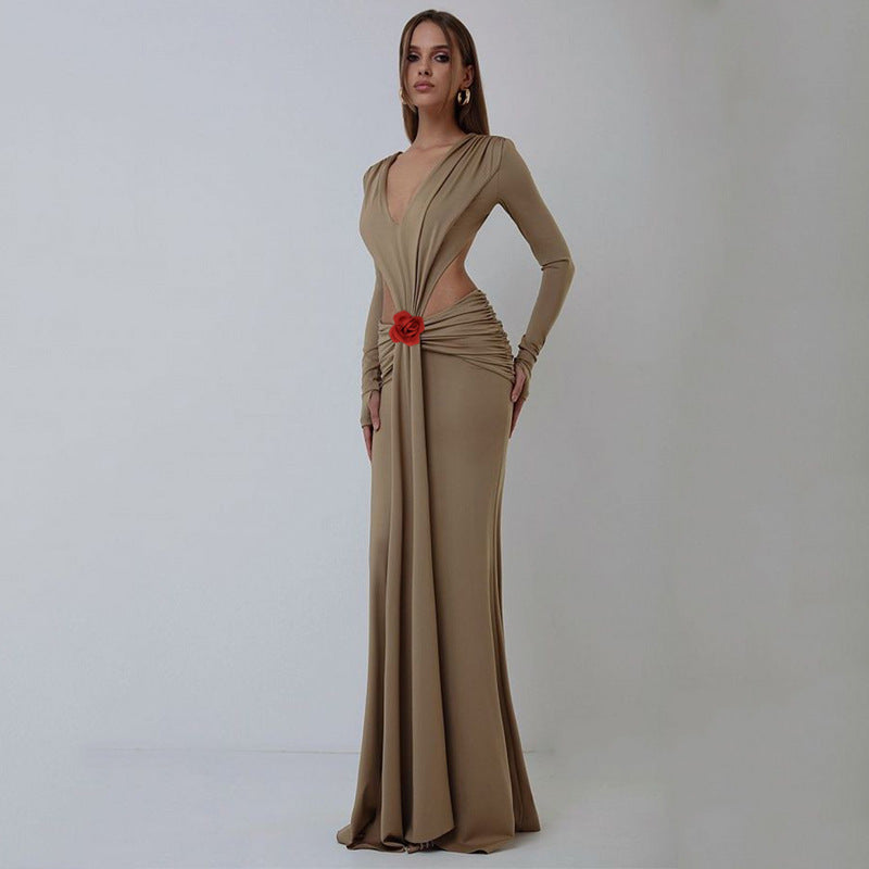 New V-neck backless long-sleeved skirt waist decorative flower split harpoon tail dress dress long solid color long dress