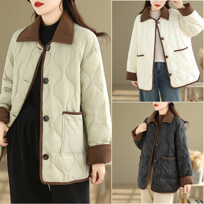 Real shot 2025 autumn and winter new light and short contrasting color lapel rhombus padded jacket women's cotton-padded clothes #1026