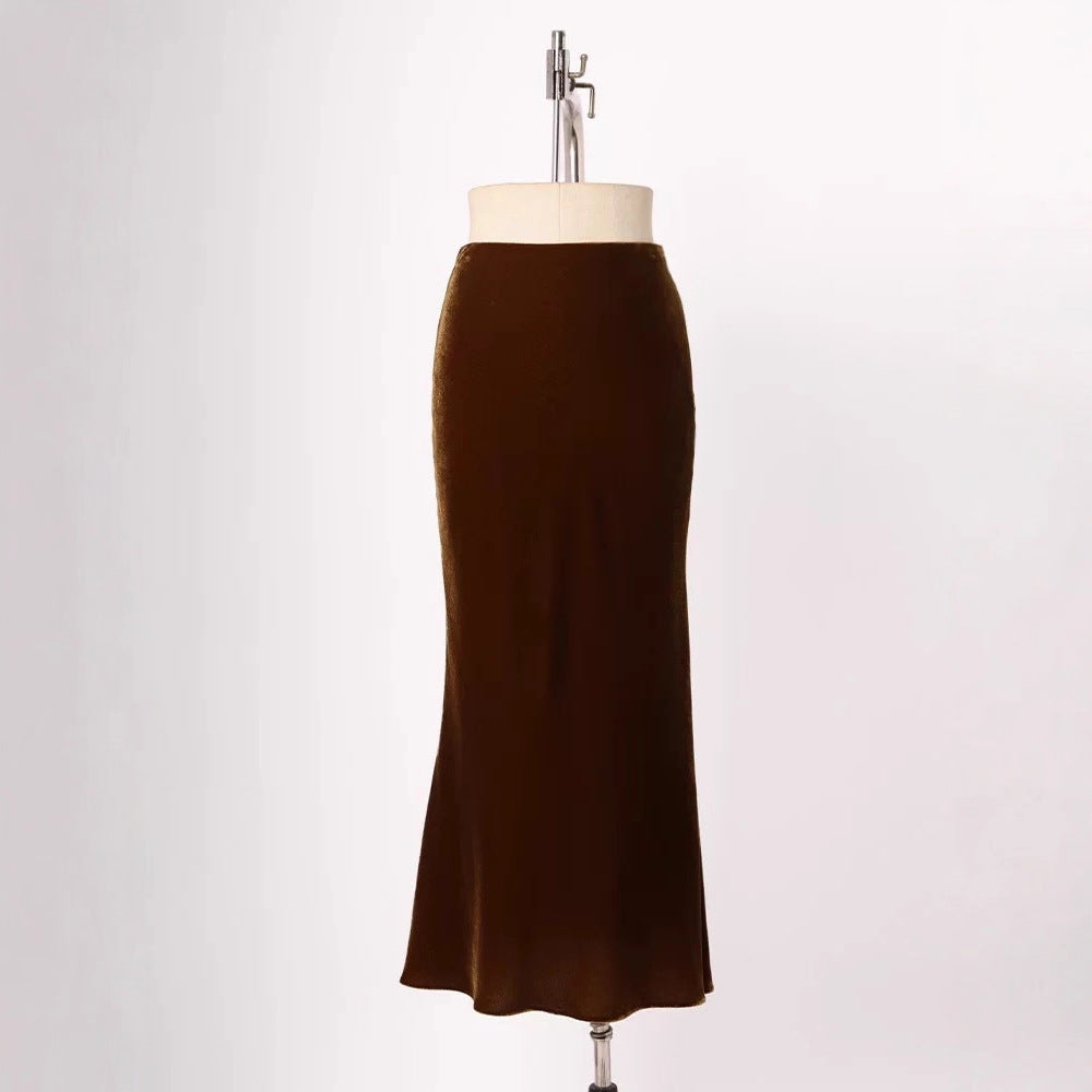 2025 autumn and winter new silk velvet long half-body elastic waist split French 45 ° oblique cut fishtail A-shaped skirt