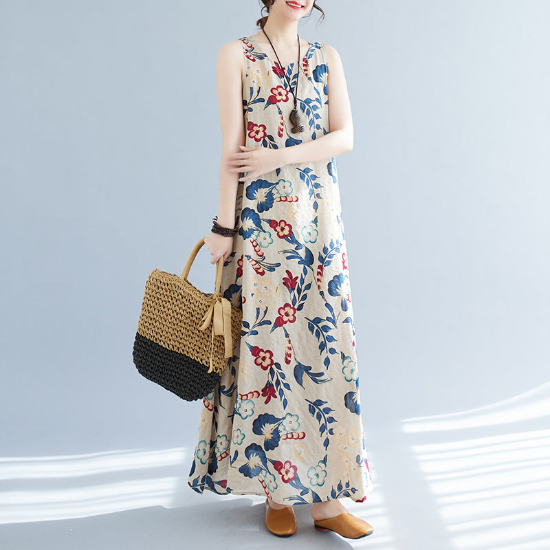 Real shot 2023 summer new literary loose cotton and linen printing round neck sleeveless dress women's medium and long #8607
