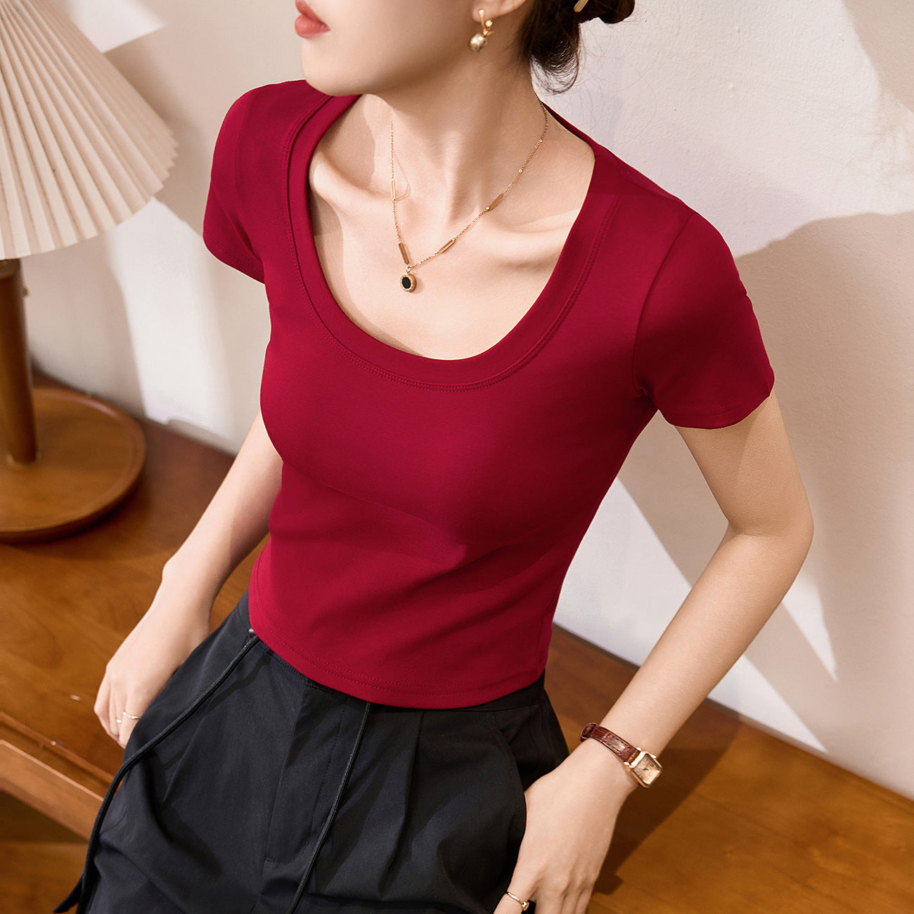 #Combed pure cotton #High waist short T-shirt women's summer 2026 new slim and thin versatile top short-sleeved bottoming shirt