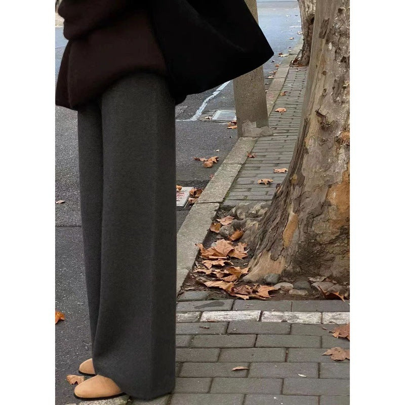 Autumn and winter thickened 100% soft waxy wool wide-leg pants women's drape knitted straight trousers cashmere small mopping trousers
