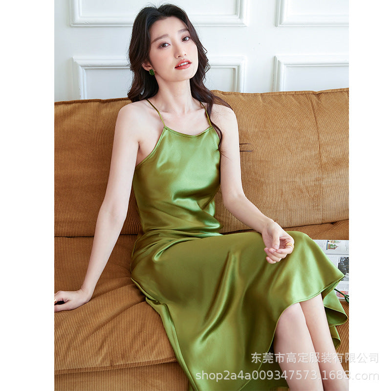 Haute couture clothing acetic acid dress satin sundress women's summer halter neck silky solid color long dress celebrity