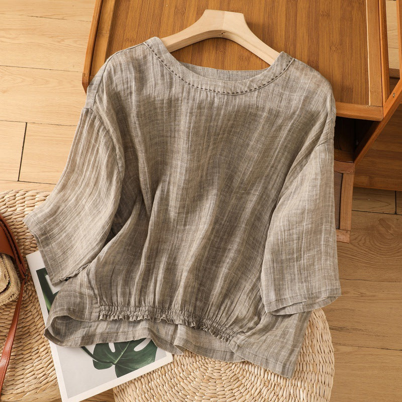 Real shot 2024 summer new cotton and linen literary and retro Chinese style loose short-sleeved top T-shirt women #6755