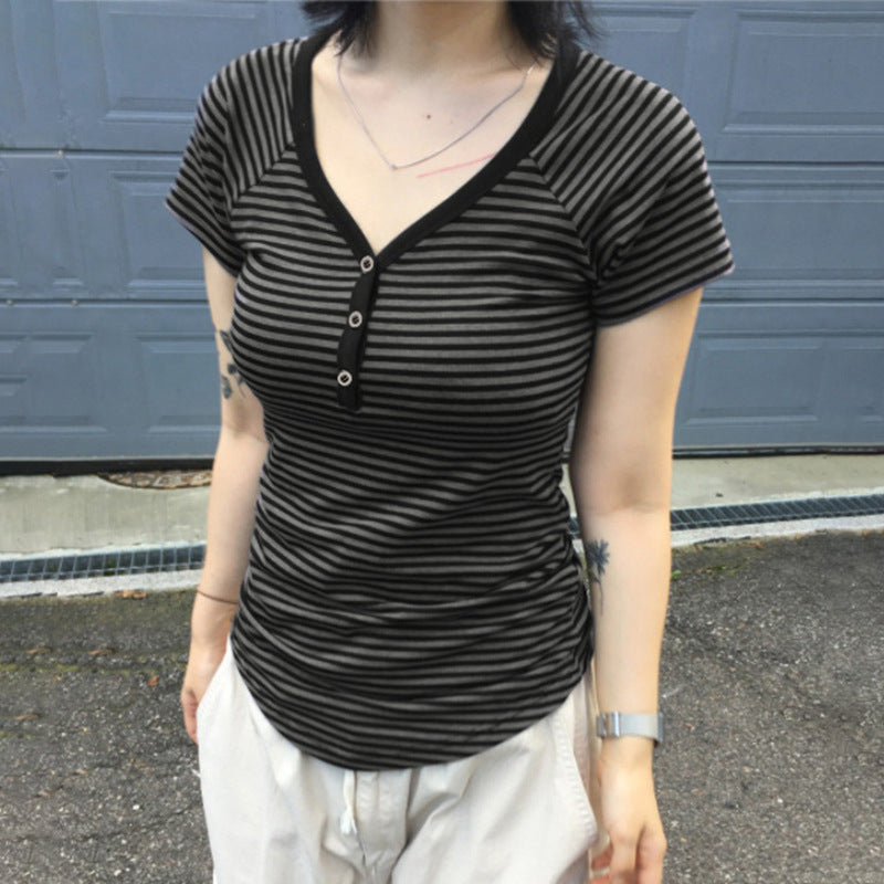 Love cloth forget slanted shoulder striped light and slim long-sleeved T-shirt sexy off-shoulder simple versatile and thin casual top