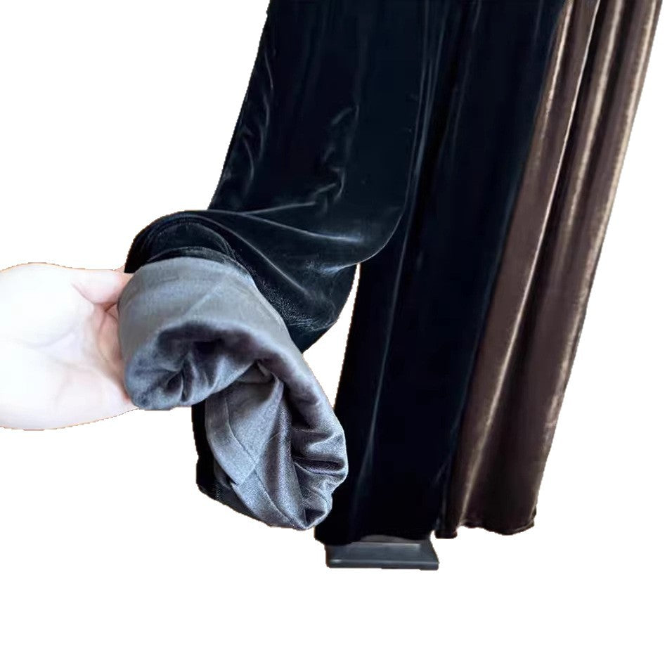 Spring and Autumn Lady Silk Velvet Wide Leg Pants! Autumn and Winter High Waist Skinny Temperament Warm Noble Straight Pants Long Pants