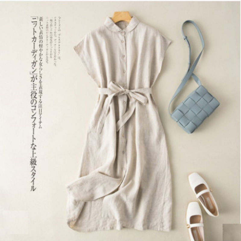 2024 summer new literary loose solid color cotton and linen lapel sleeveless dress women's waist medium and long #6276