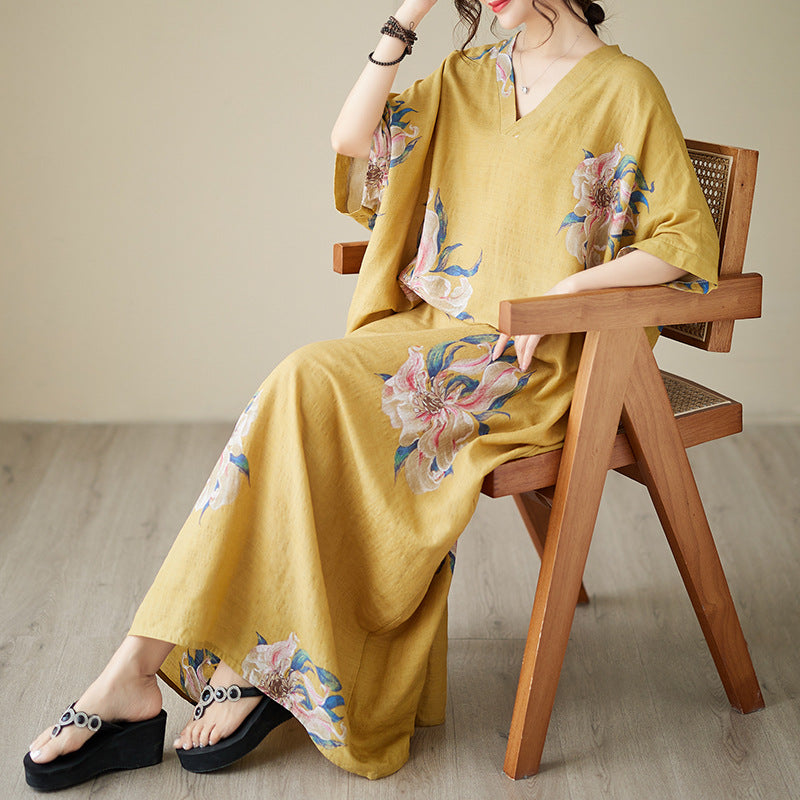 Real shot 2023 summer v-neck thin cotton and linen large size loose literary holiday wind beach skirt retro long robe