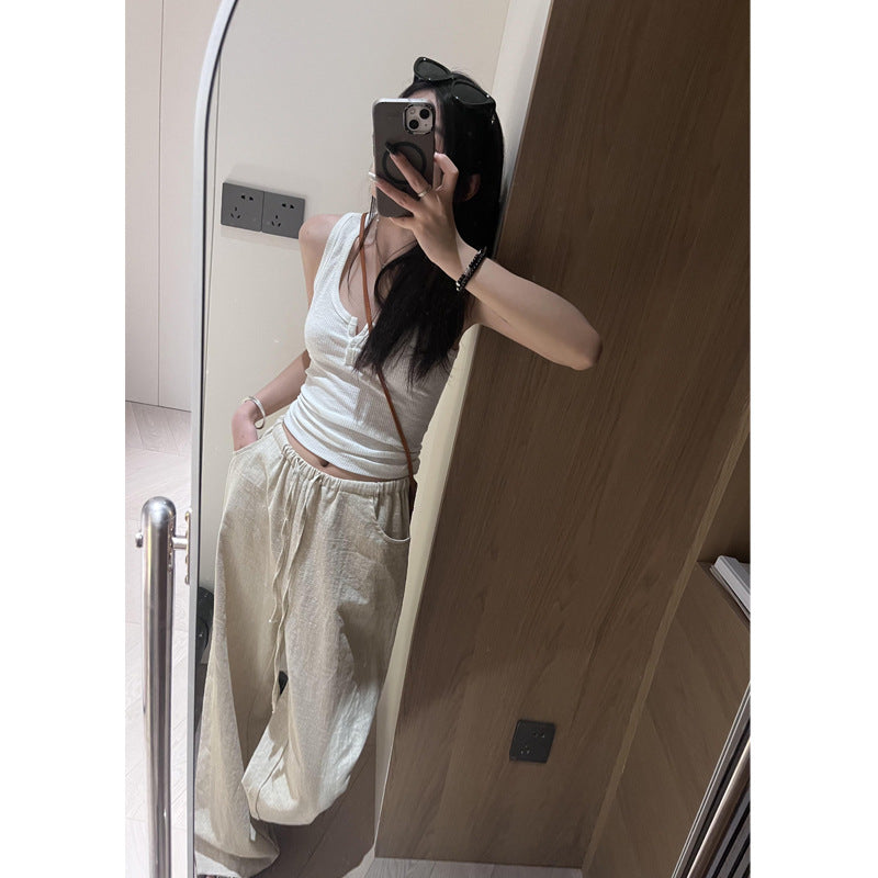 Washed ramie pants 2025 summer elastic waist drawstring casual cotton and linen wide-leg pants women's old money wind thin linen pants