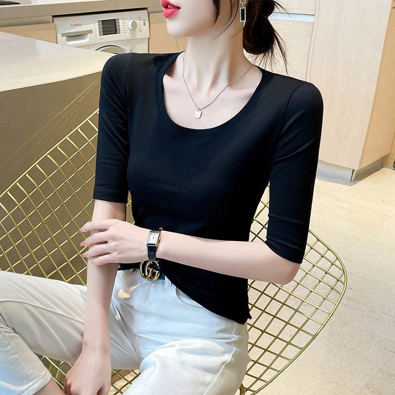 Black Crew Neck Medium Sleeve T-Shirt Women's 2025 Spring and Summer New Versatile Five-Sleeve Top Fashion Inner Bottom Shirt