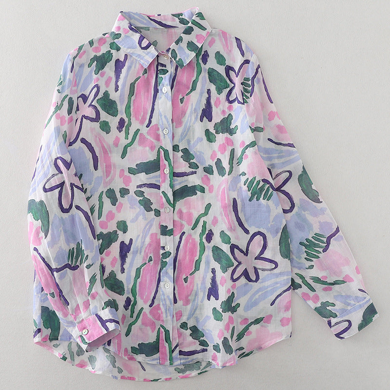 Real shot 2025 spring new color ink color printing light and breathable long-sleeved shirt top women #1079