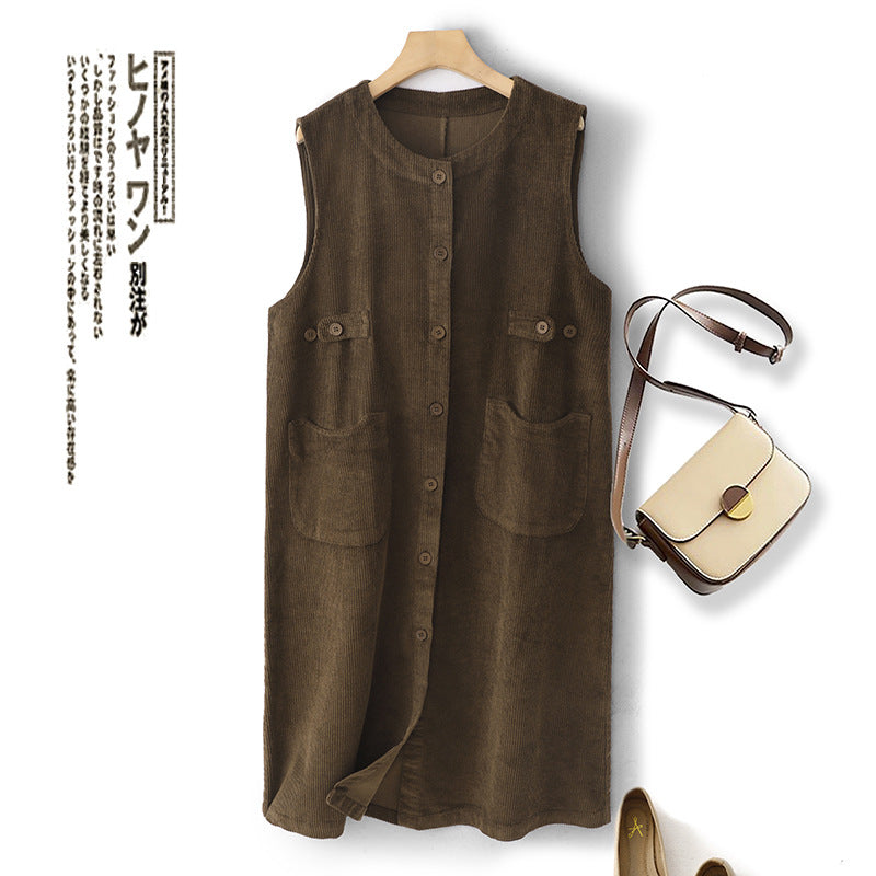 Retro solid color corduroy sleeveless dress women's autumn 2025 new medium and long cardigan vest skirt