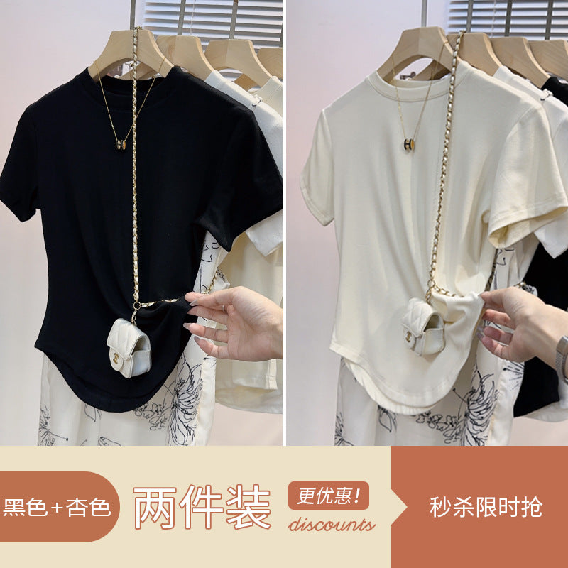 Irregular curved white ice silk short-sleeved t-shirt women's drape feeling slim and thin versatile thin semi-turtleneck top trendy