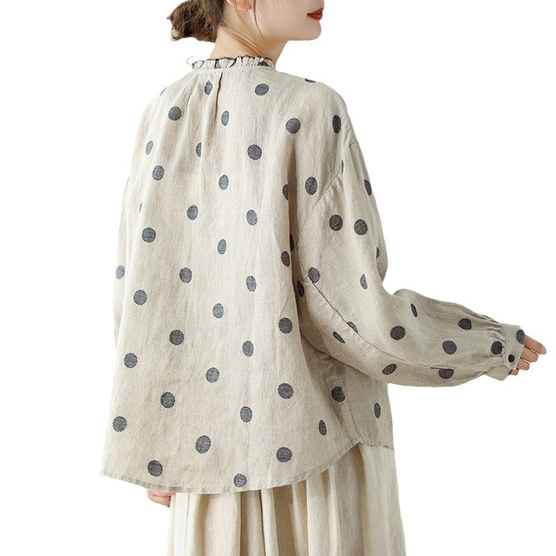 Real shot 2024 autumn new retro national style polka dot cotton and linen long-sleeved fungus collar shirt top women #9076