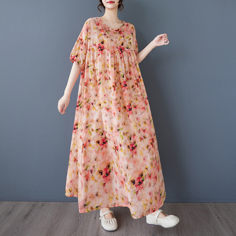 Summer 2025 New Simple Bohemian Fattened Large Short Sleeve Crew Neck Printed Medium and Long Dress Women