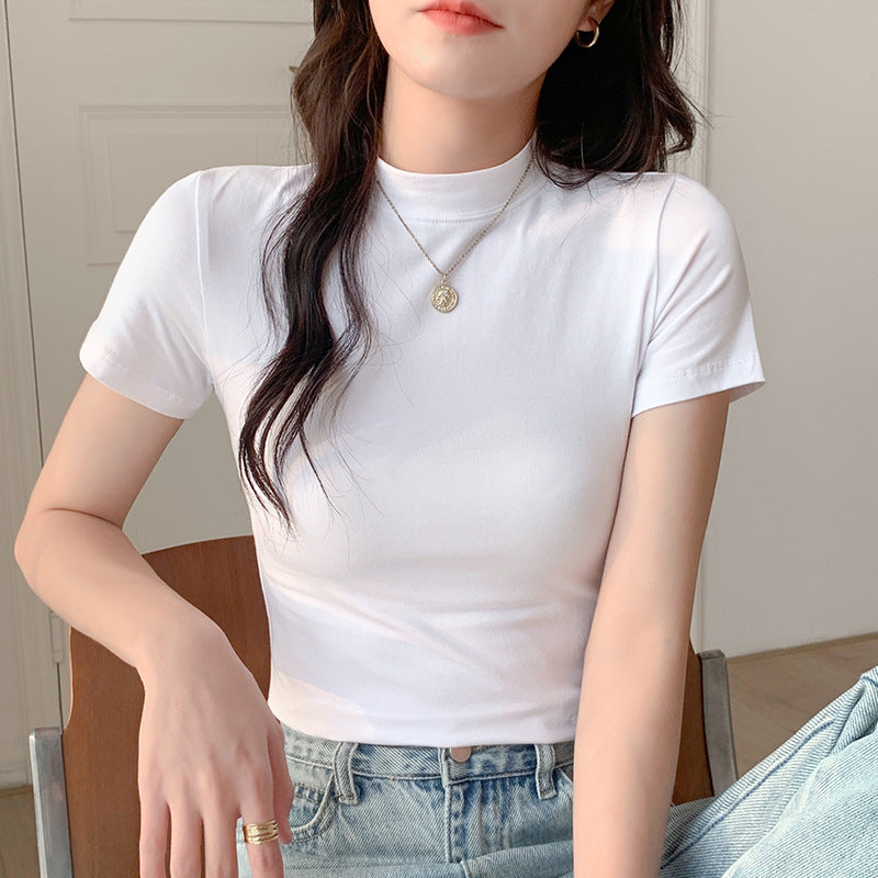 Short-sleeved T-shirt women's summer ins trendy Hong Kong style solid color semi-turtleneck base shirt skinny cropped top slim fit