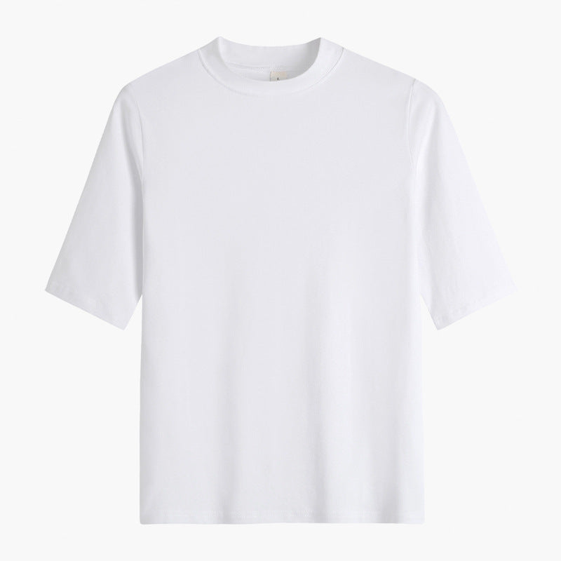 White cotton semi-turtleneck five-quarter-sleeved T-shirt women's medium-sleeved belly-covering bottoming shirt slim-fitting top temperament commuting