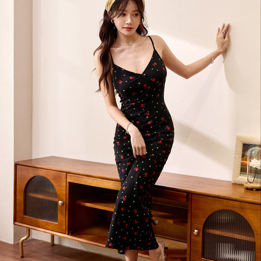 #260G combined pure cotton #rose print V-neck suspender dress women's summer 2026 new slit sexy long dress