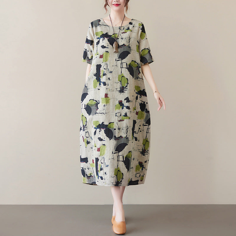 Real shot 2025 summer new literary loose cotton and linen printing round neck short-sleeved dress women's medium and long #8363