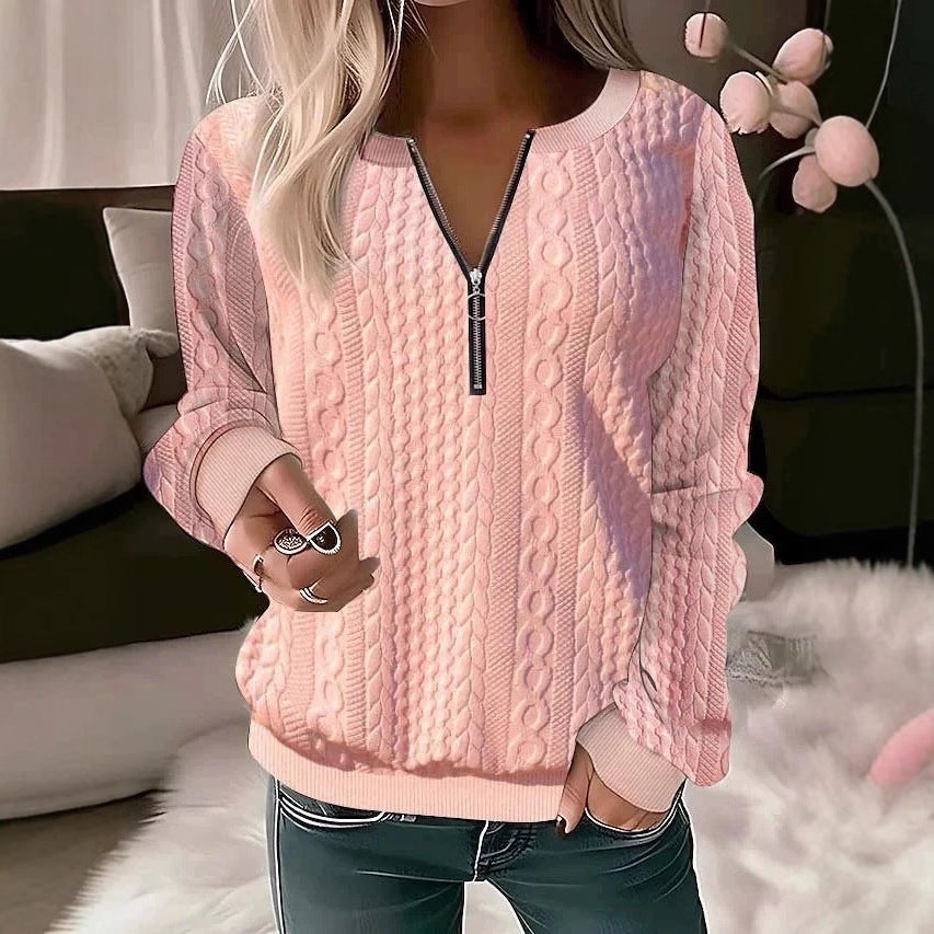 2025 European and American cross-border Amazon independent station autumn and winter new women's clothing long-sleeved solid color V-neck zipper T-shirt top