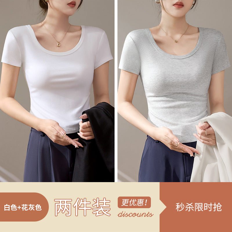 High-quality short-sleeved T-shirt women's 2025 new summer slim-fitting and thin curved hem fashionable foreign U-neck top trendy