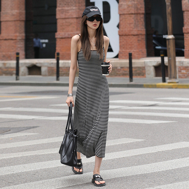Selection of high-quality striped suspender dress women's summer 2026 new versatile slim vest medium and long skirt