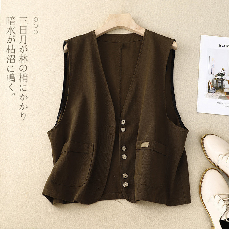 Real shot 2025 autumn new literary twill cotton vest vest sleeveless vest wear short vest women