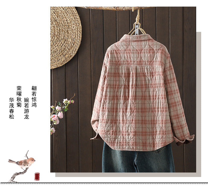 Real shot 2025 autumn and winter new padded thickened plaid shirt casual age-reducing lapel cotton shirt jacket