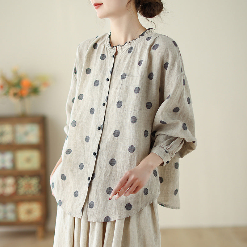 Real shot 2024 autumn new retro national style polka dot cotton and linen long-sleeved fungus collar shirt top women #9076
