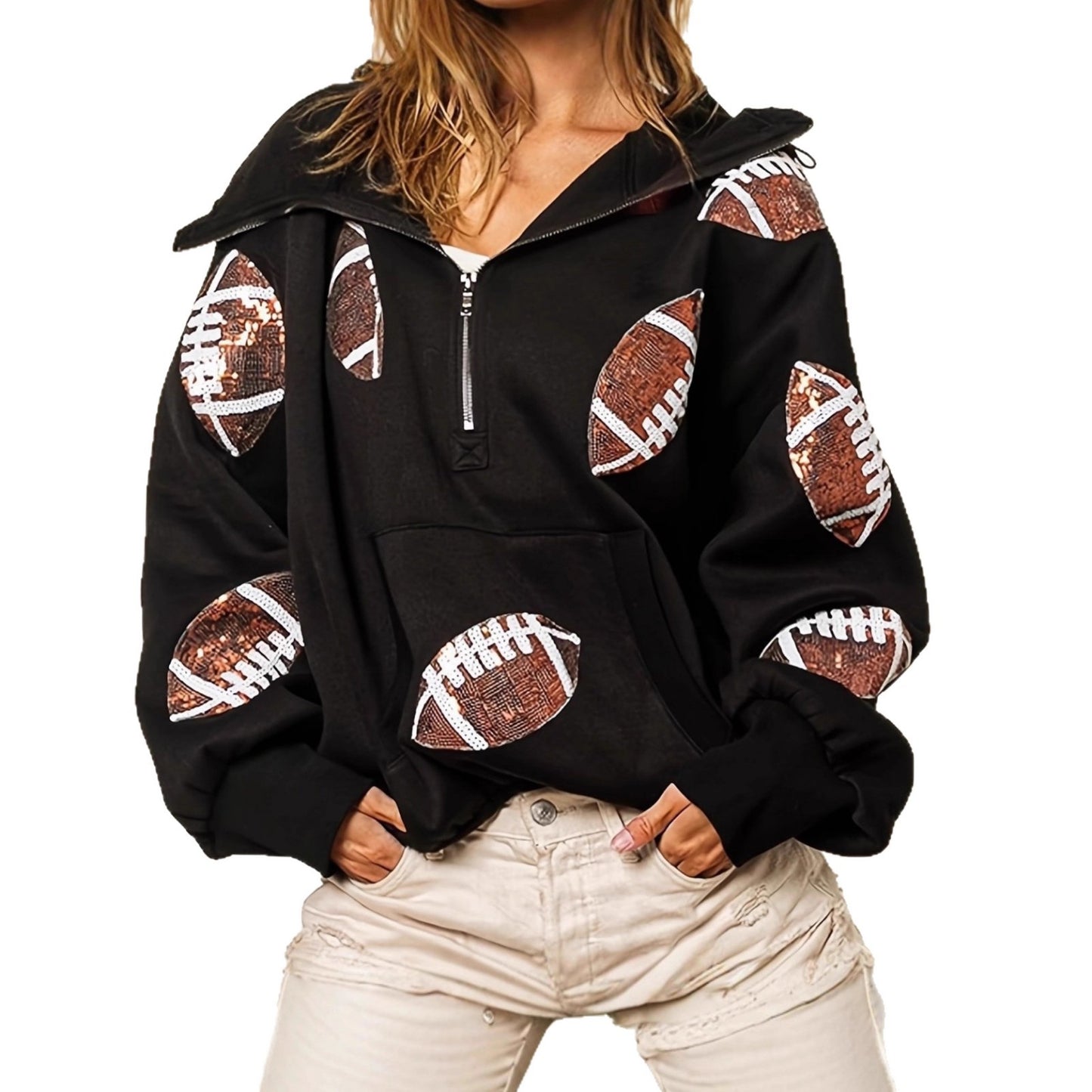 2025 Amazon Independent Station sequined splicing hooded sweater European and American women's clothing zipper drawstring long-sleeved top spot