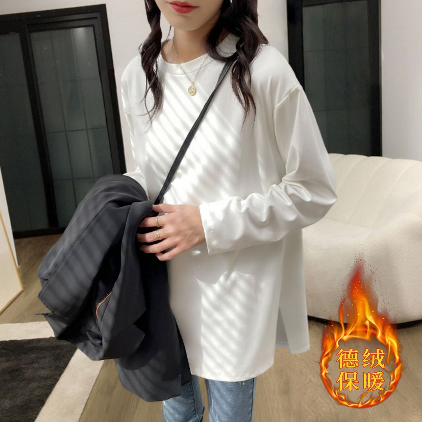 Mid-length loose velvet white long-sleeved T-shirt with half turtleneck base shirt Women's plush ripped top clothes