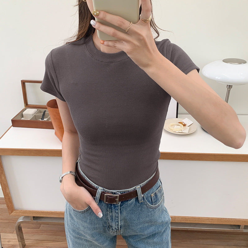 2026 Summer New Selection High Elastic Threaded Cotton Front Shoulder Crew Neck Slim Skinny Short Sleeve T-Shirt Women's Top