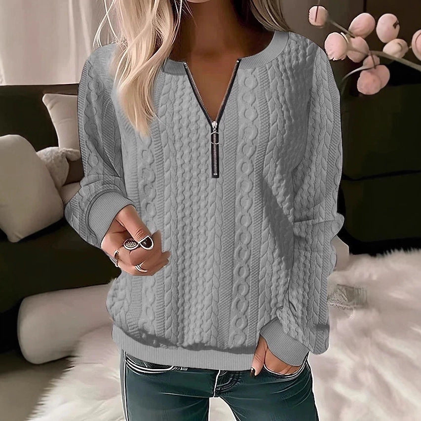 2025 European and American cross-border Amazon independent station autumn and winter new women's clothing long-sleeved solid color V-neck zipper T-shirt top