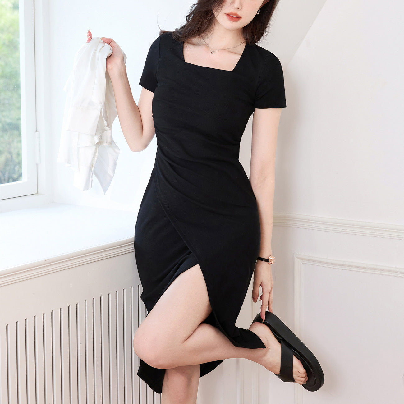 [High quality] French square neck slit dress women's summer 2026 new irregular pleated temperament dress