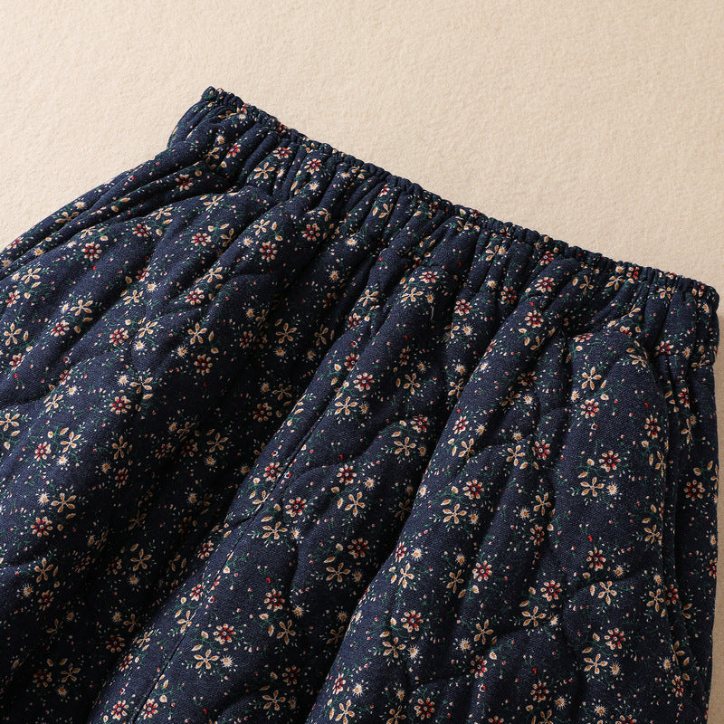 Real shot 2025 autumn and winter literary and artistic small floral cotton and linen padded cotton elastic waist thickened warm medium and long skirt women