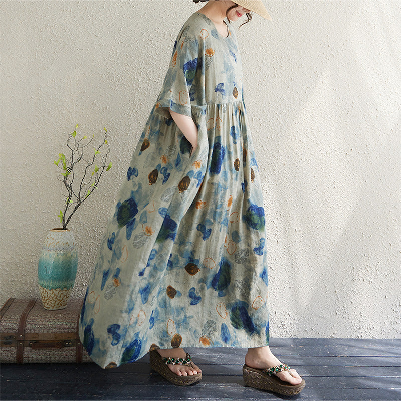 Real shot 2025 summer thin cotton and linen fat mm round neck short-sleeved vacation style loose and simple bohemian swing skirt