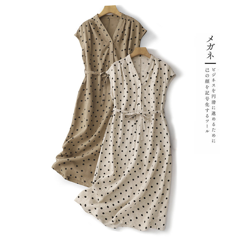 Japan and South Korea 2025 summer new literary loose casual polka dot cotton and linen dress women