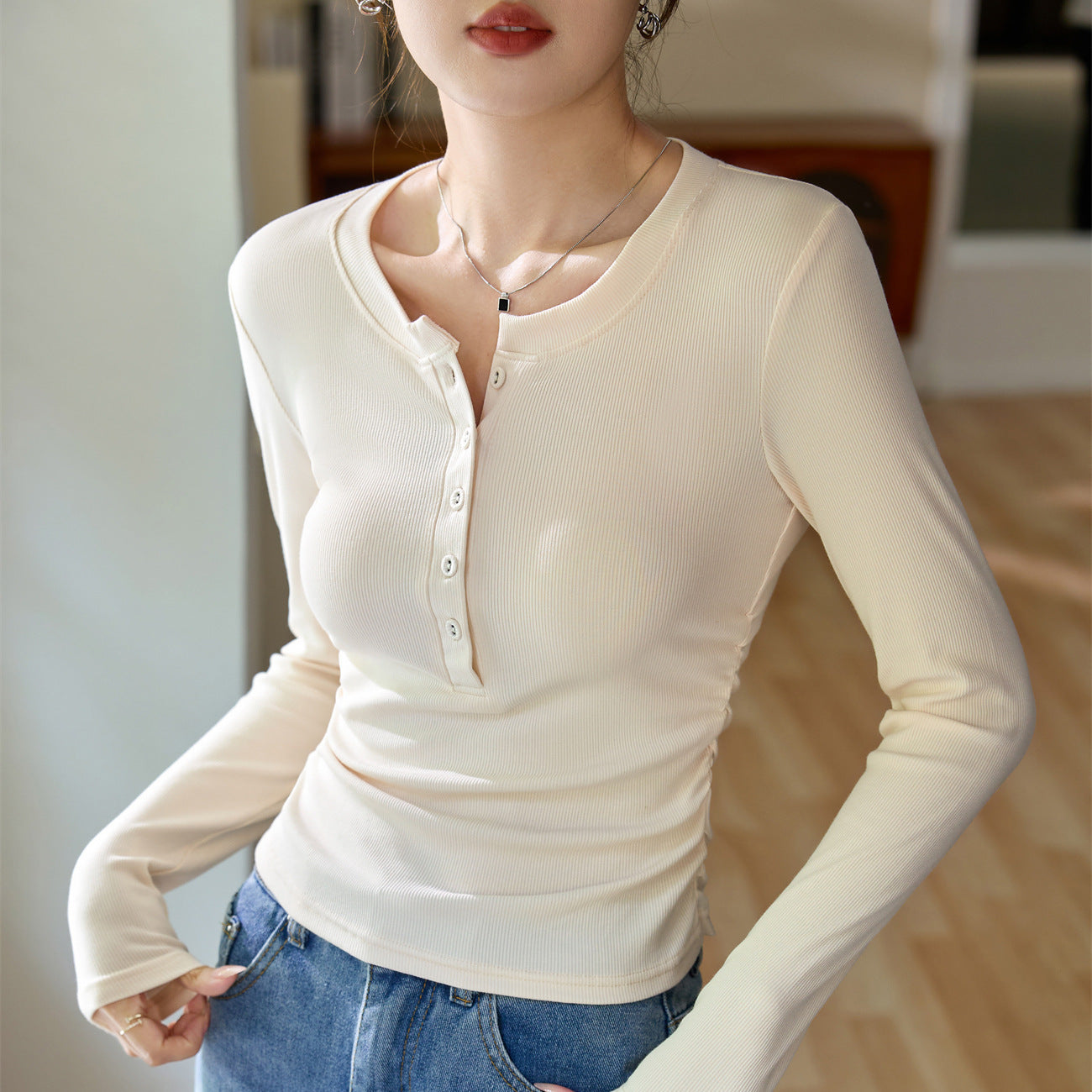 #Ingenuity screening product #Waist pleated Maillard chic cloth button-up long-sleeved T-shirt femininity pure cotton bottoming shirt
