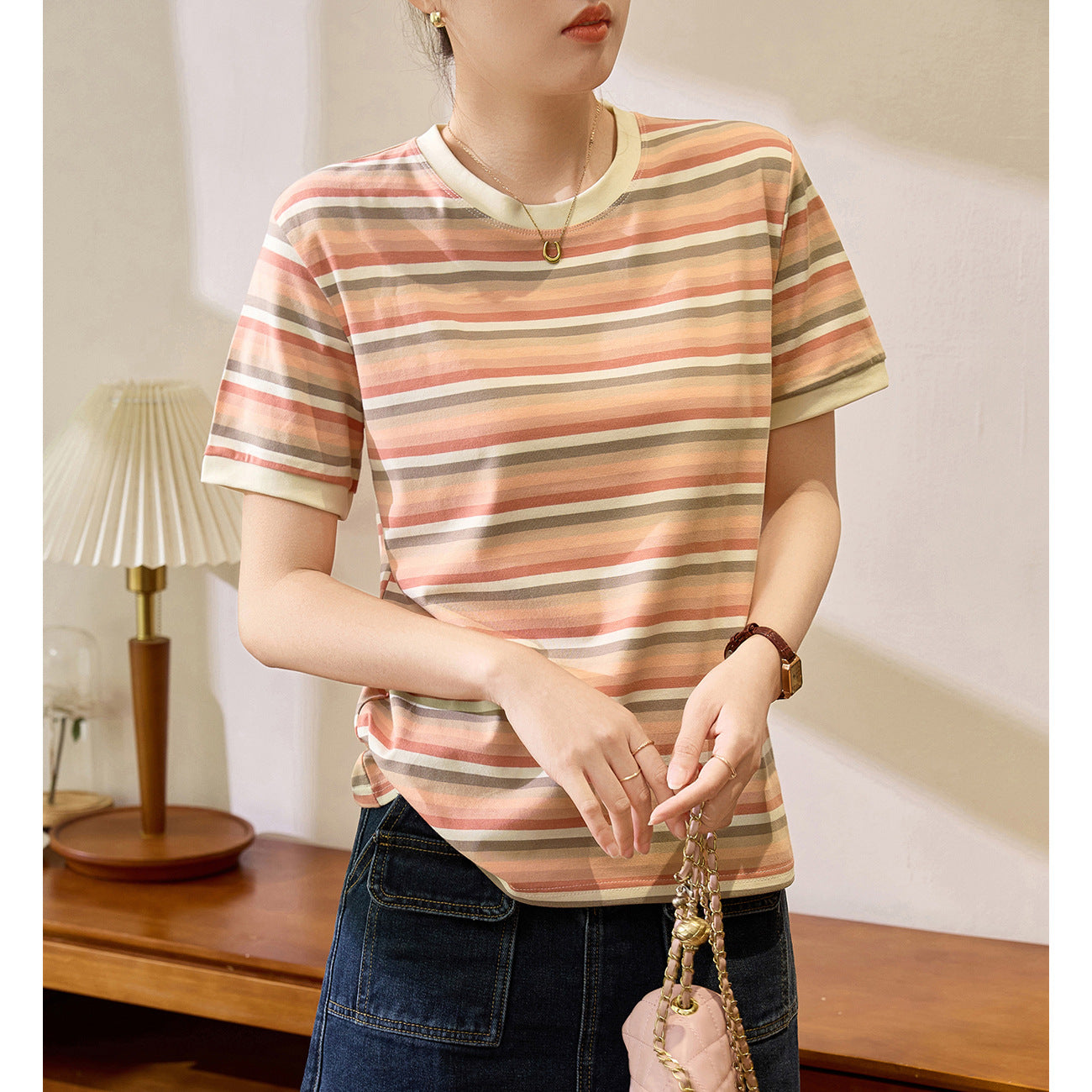 #Combed pure cotton #medium and long loose retro rainbow striped short-sleeved t-shirt women's summer 2026 new versatile top