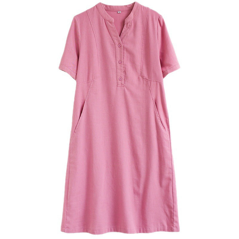 The real shot is in the summer of 2025, the new literary and loose solid color cotton and linen V-neck short-sleeved dress for women's medium and long 1685 #