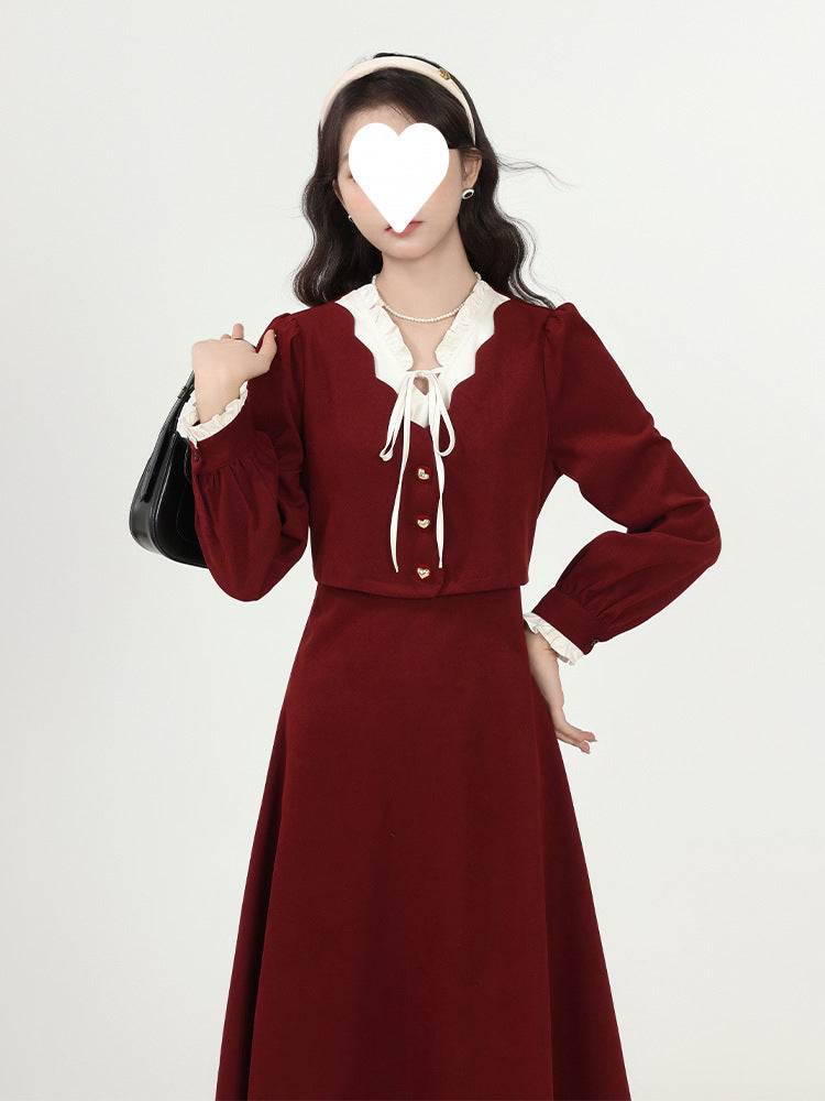 Autumn and winter new Christmas New Year's Eve New Year's robe slightly fat temperament thin fake two French red dresses