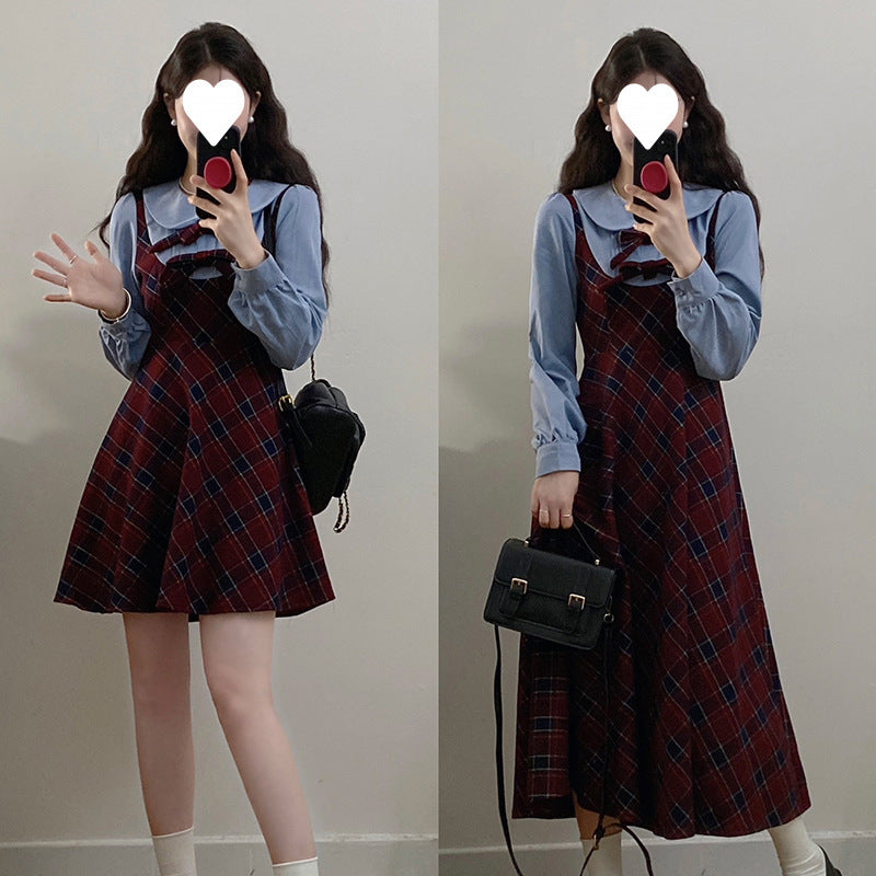 Autumn and winter retro college style niche design sense fake two-piece plaid dress women's waist thin gentle temperament skirt