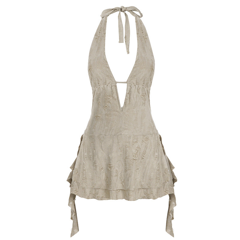 American Street Wasteland Style Sexy Neck Irregular Strap Halter Dress Spice Girl Deep V-Neck As Old Short Skirt